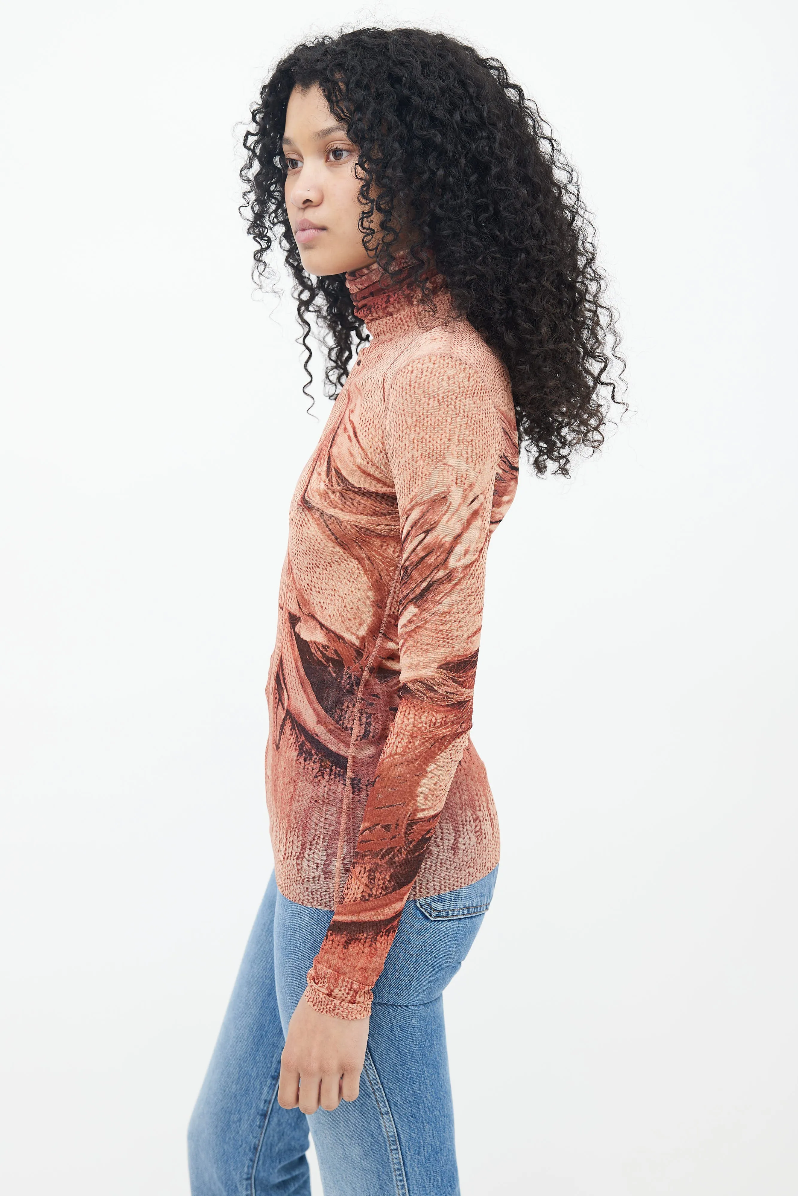 1999 Brown Sweater Trompe L'oeil Print Mesh Top