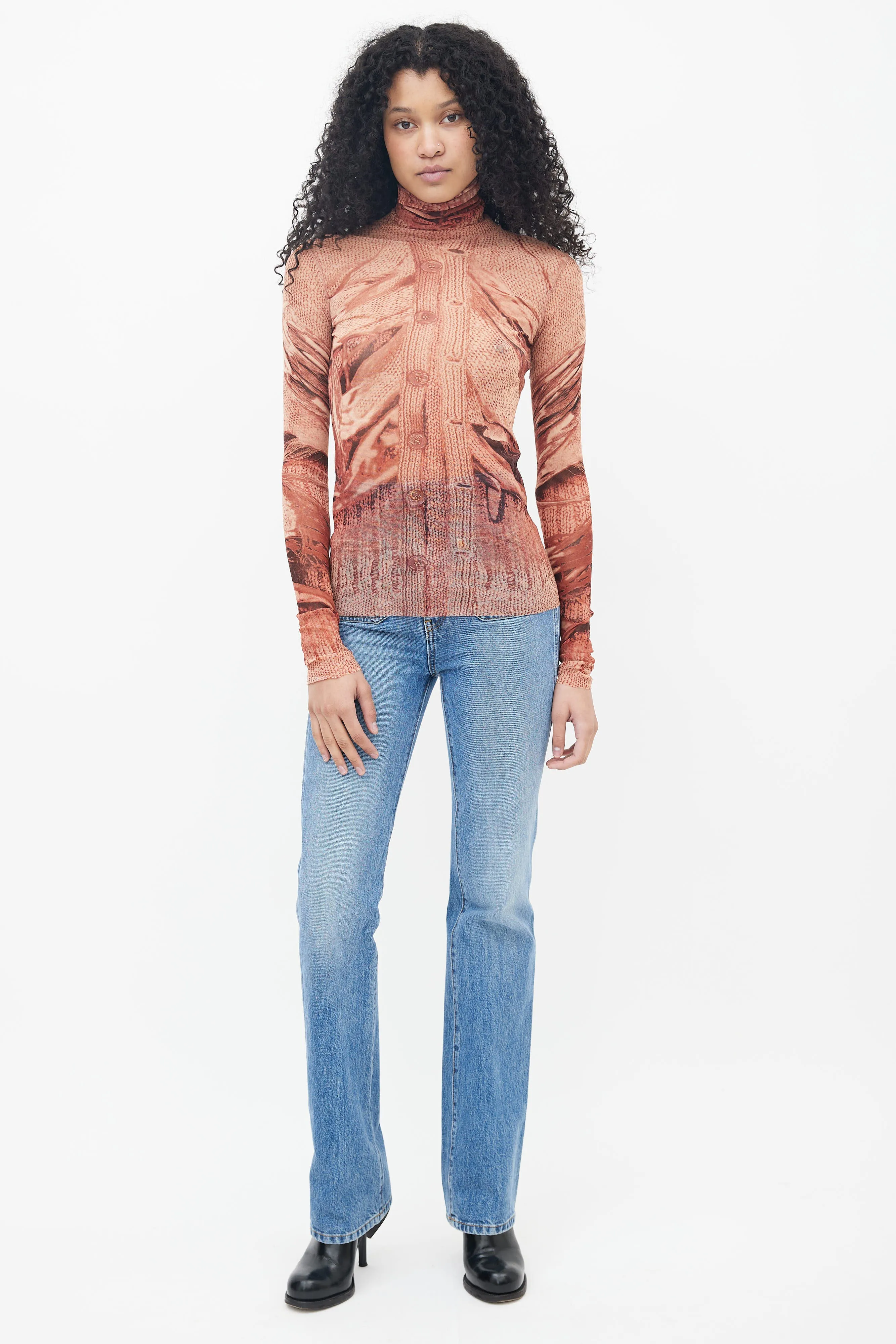 1999 Brown Sweater Trompe L'oeil Print Mesh Top