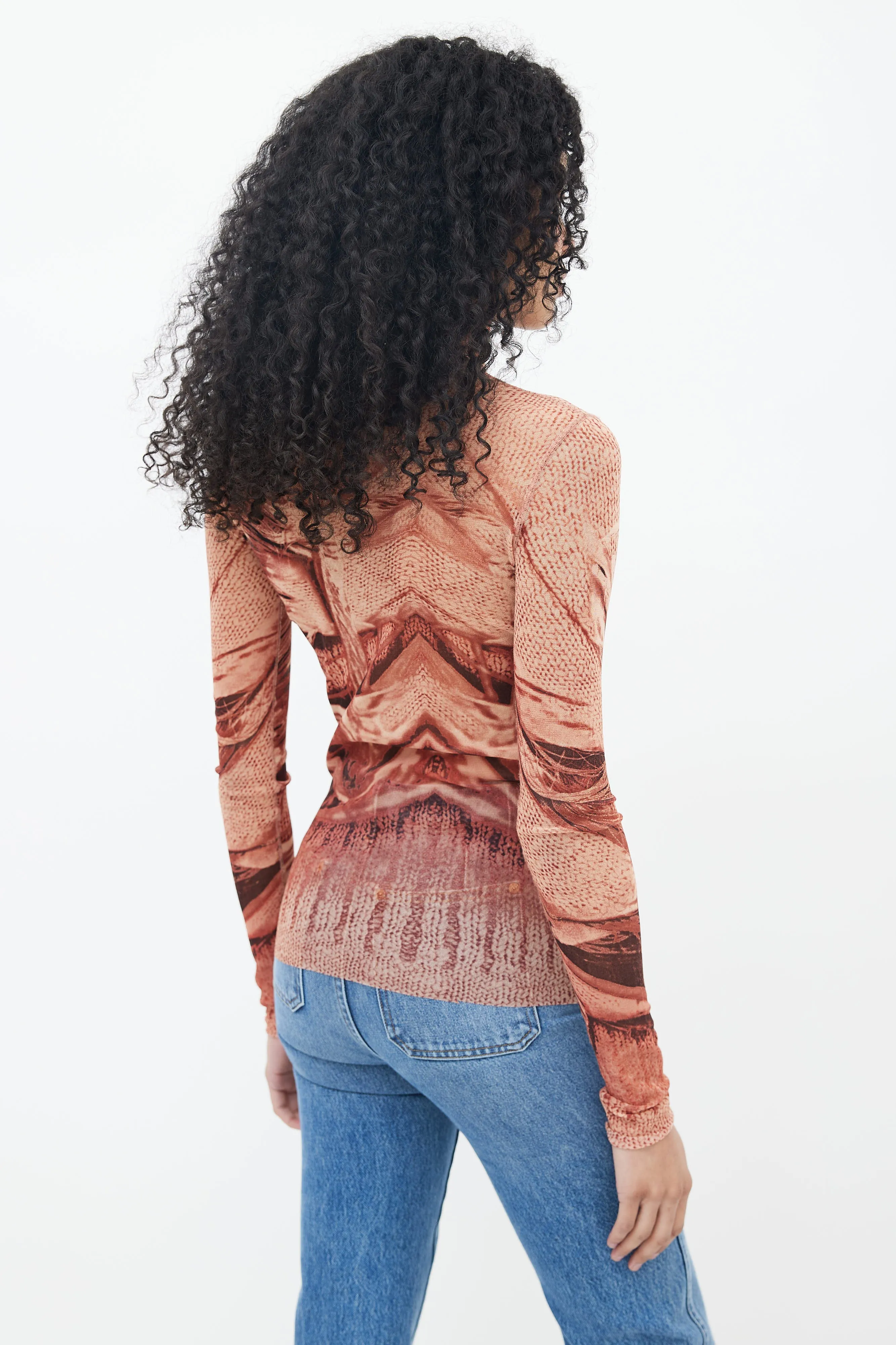 1999 Brown Sweater Trompe L'oeil Print Mesh Top