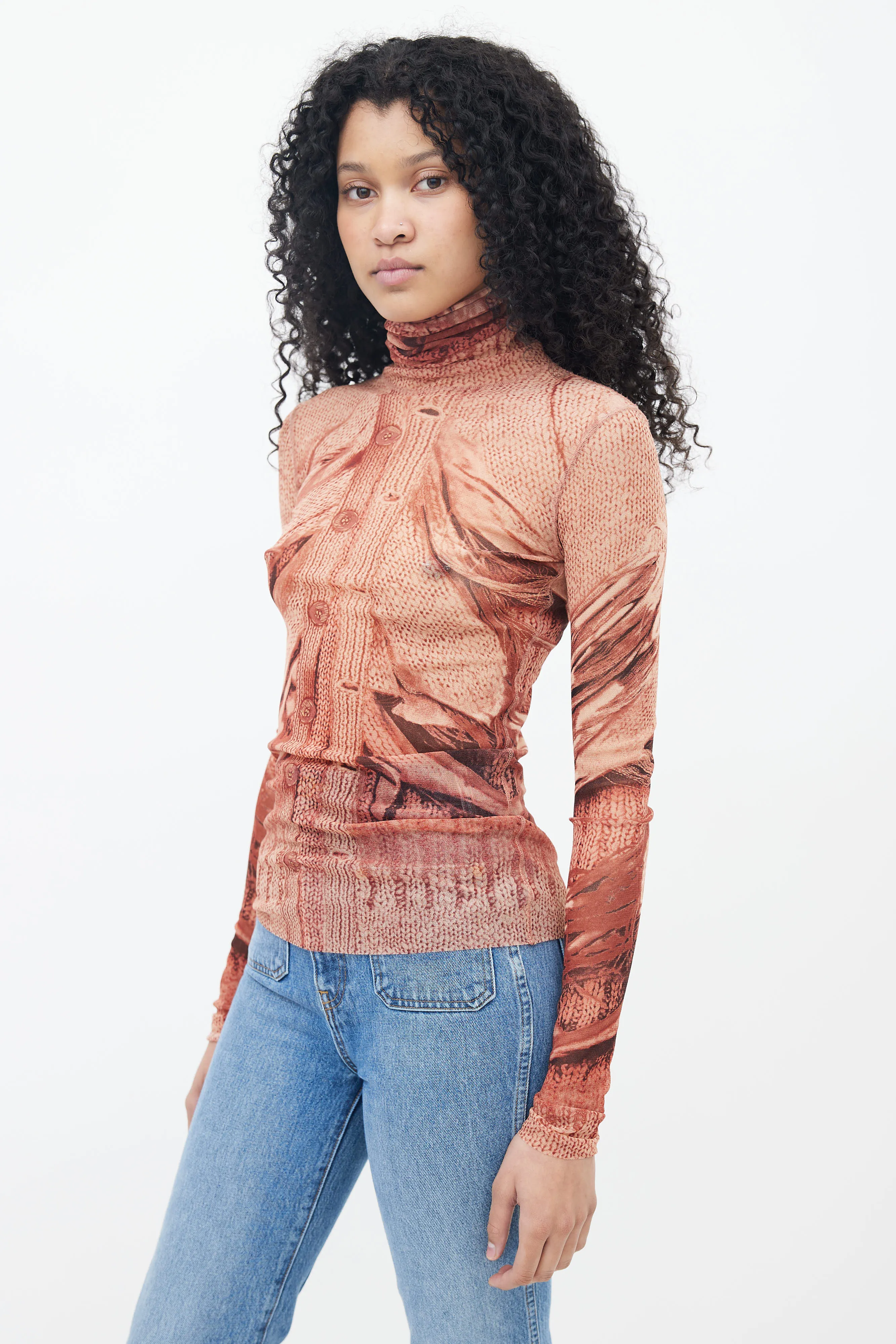 1999 Brown Sweater Trompe L'oeil Print Mesh Top