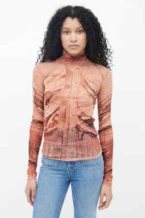 1999 Brown Sweater Trompe L'oeil Print Mesh Top