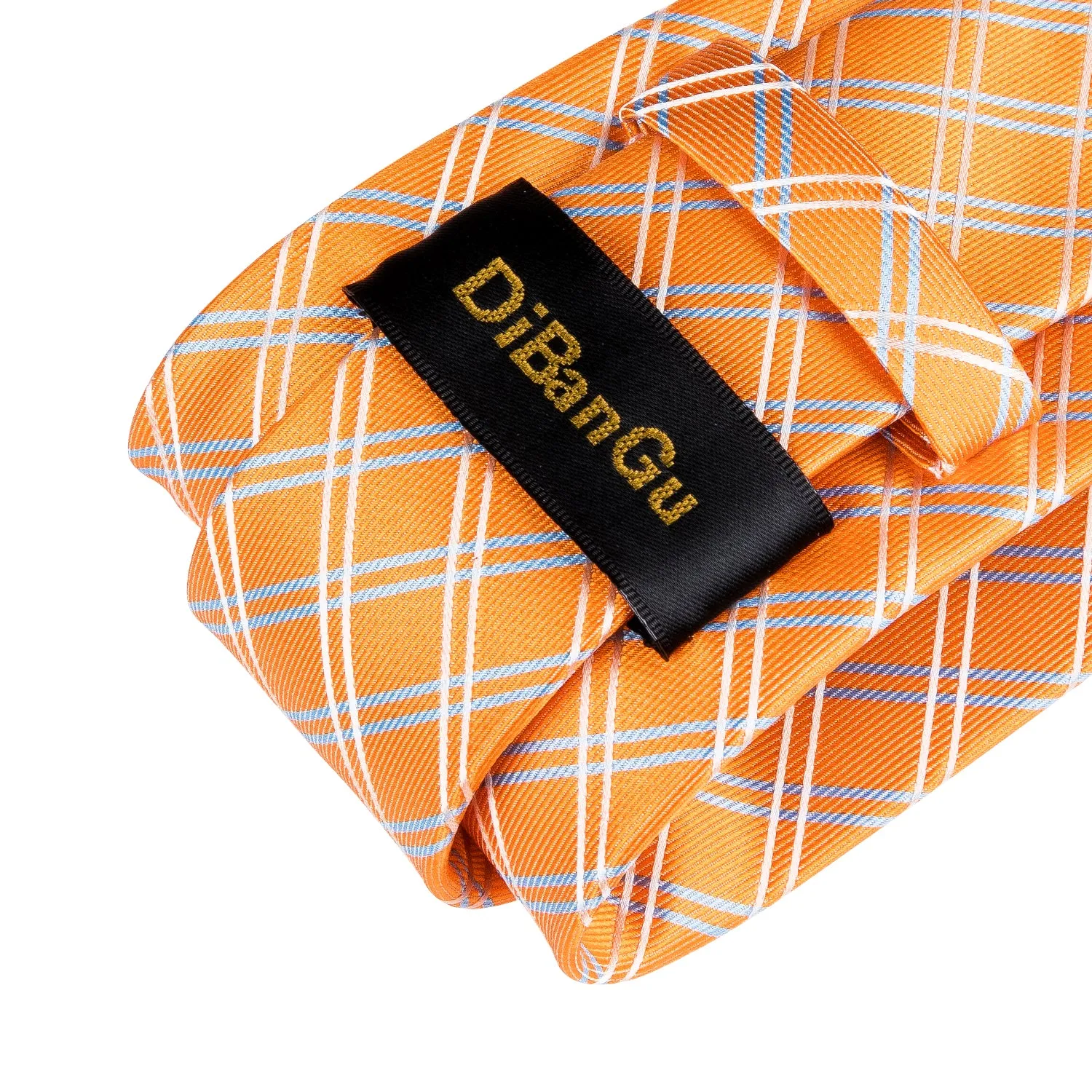 Beautiful  Orange Plaid Men's Tie Pocket Square Cufflinks Set