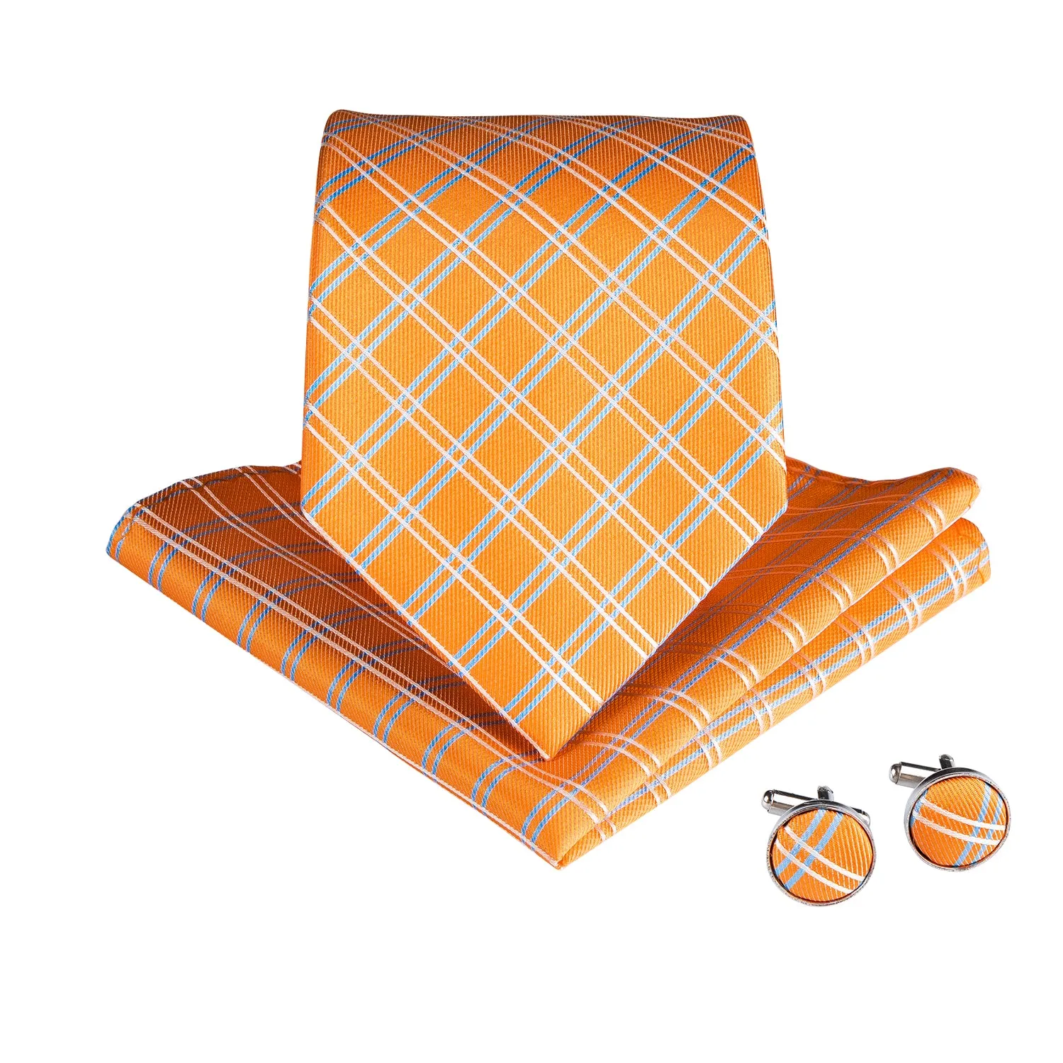 Beautiful  Orange Plaid Men's Tie Pocket Square Cufflinks Set