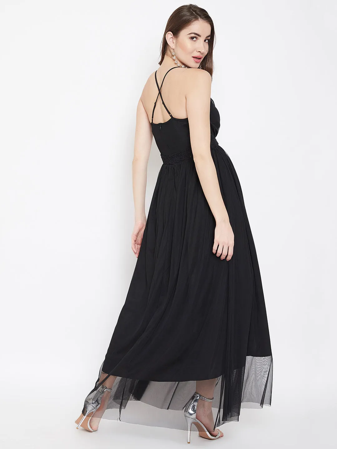 Berrylush Women Solid Black V-Neck Criss-Cross Back Crepe Flared Maxi Dress