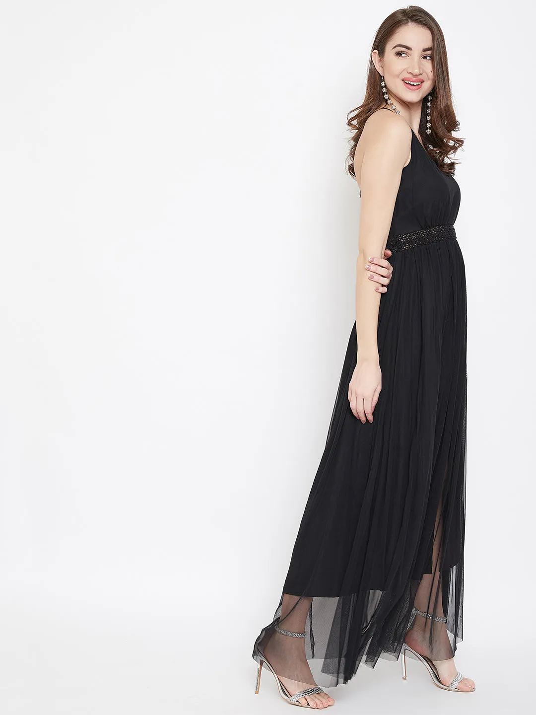 Berrylush Women Solid Black V-Neck Criss-Cross Back Crepe Flared Maxi Dress