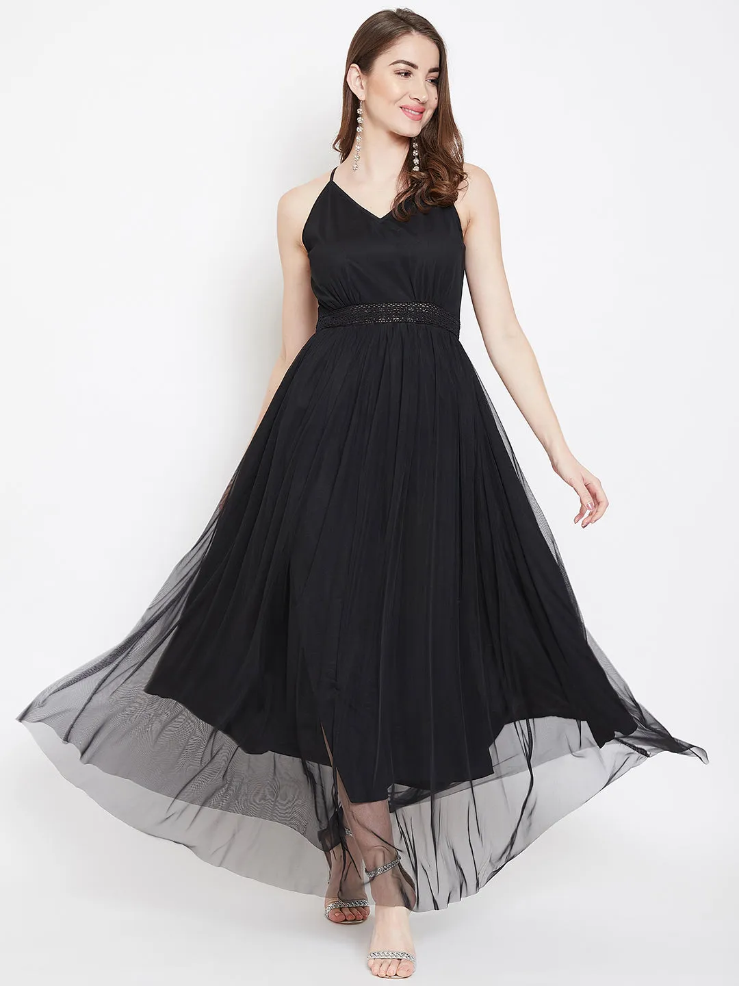 Berrylush Women Solid Black V-Neck Criss-Cross Back Crepe Flared Maxi Dress