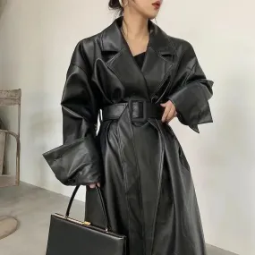 Black Oversized Leather Trench Coat for Women