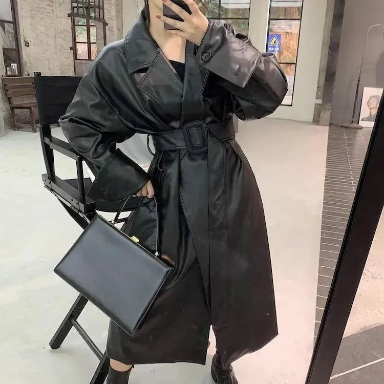 Black Oversized Leather Trench Coat for Women