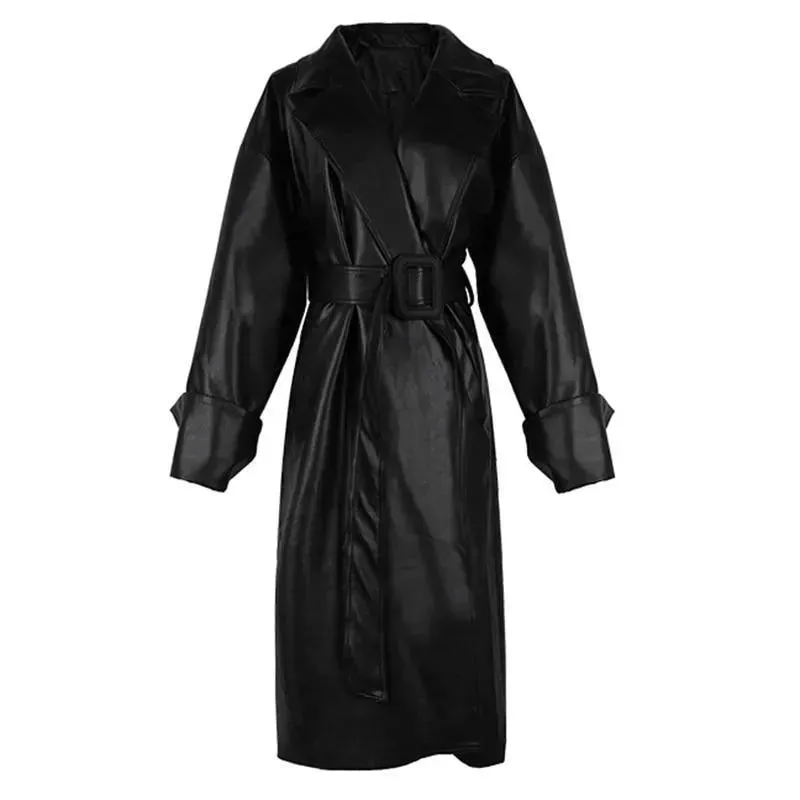 Black Oversized Leather Trench Coat for Women