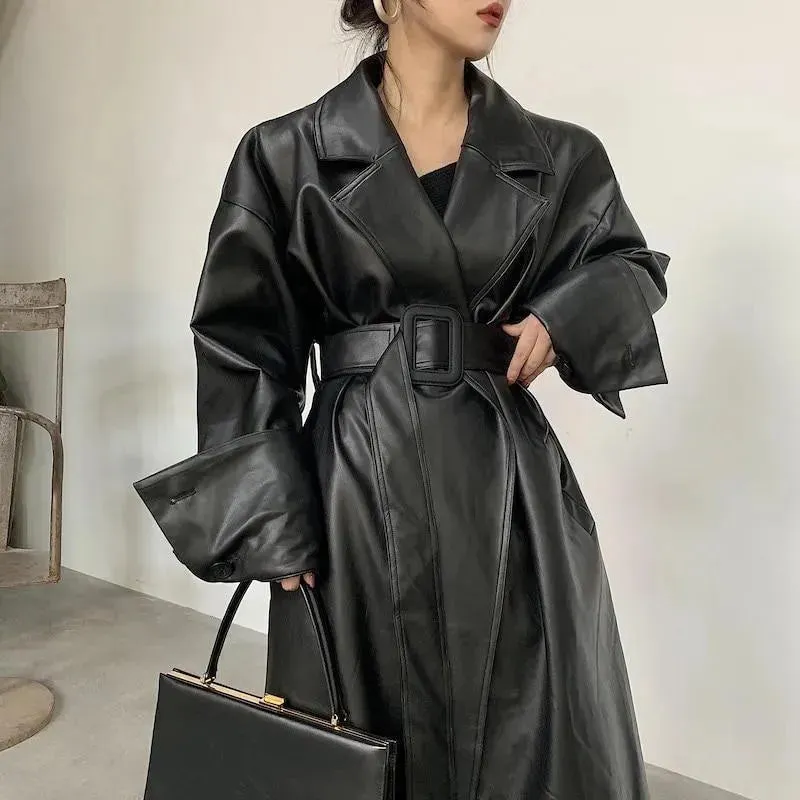 Black Oversized Leather Trench Coat for Women
