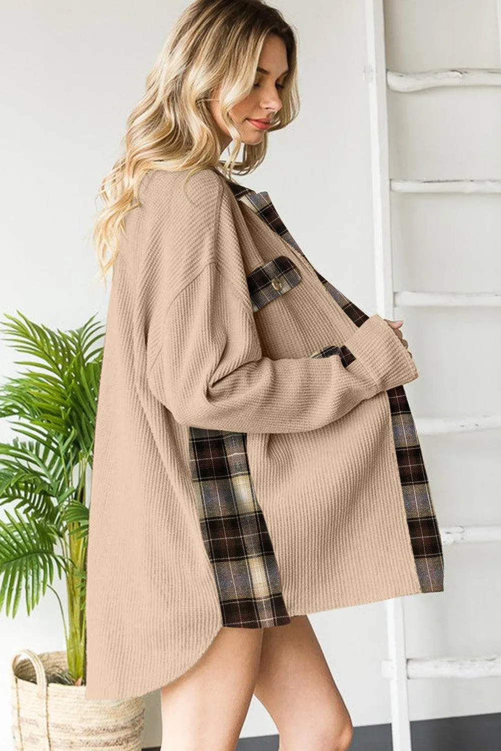Black Plaid Patchwork Waffle Thermal Knit Shacket