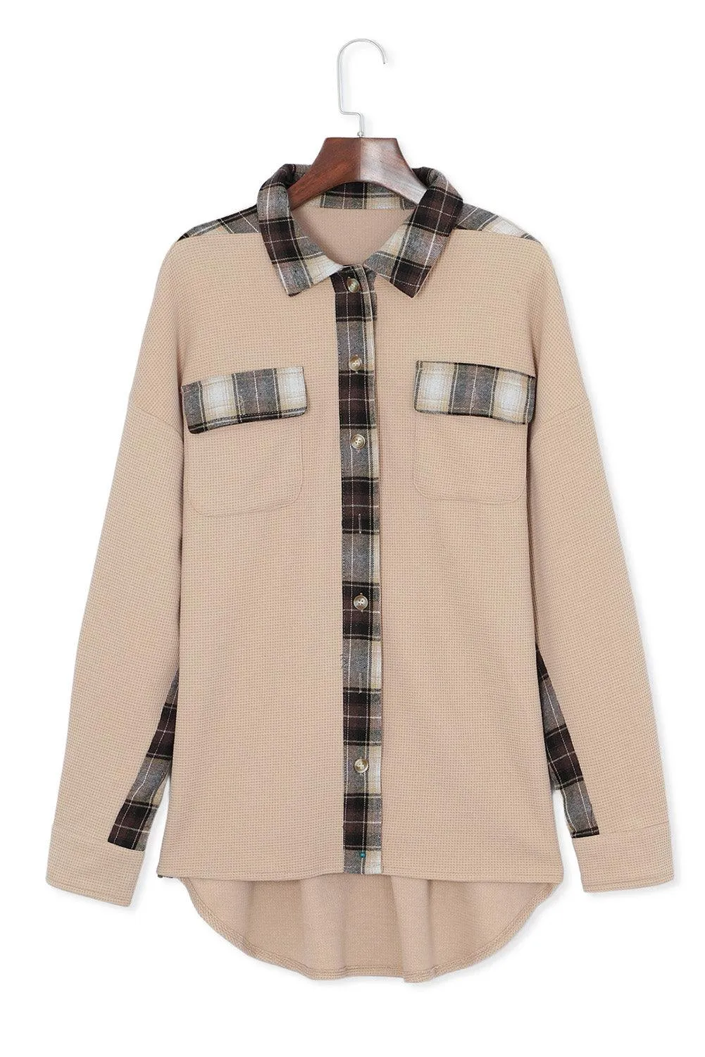 Black Plaid Patchwork Waffle Thermal Knit Shacket