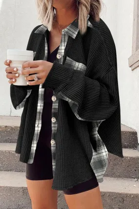 Black Plaid Patchwork Waffle Thermal Knit Shacket