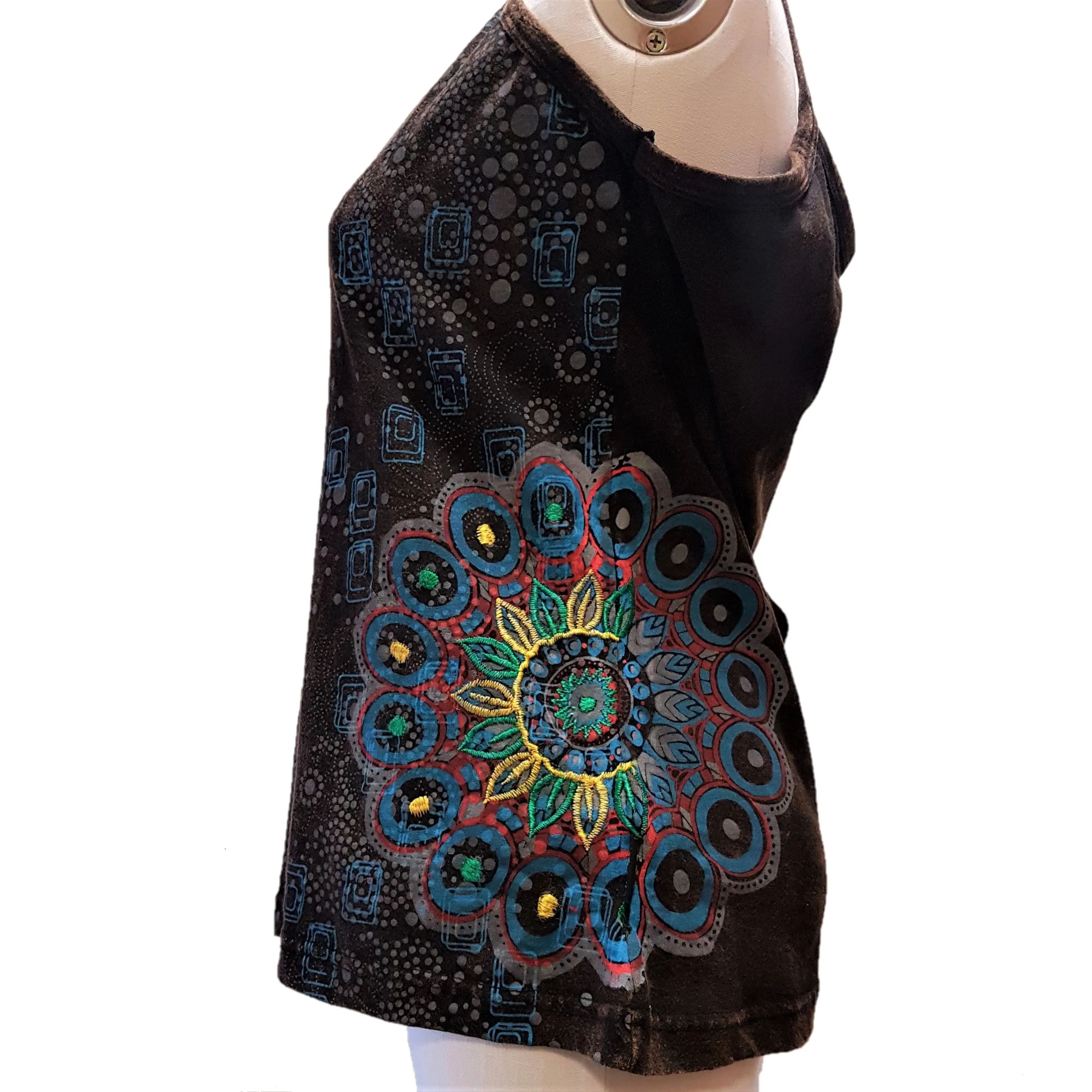 Brown Cotton Geometric Print Vest with Embroidered Flowers