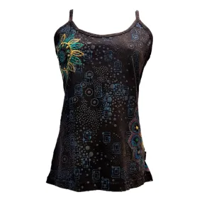 Brown Cotton Geometric Print Vest with Embroidered Flowers