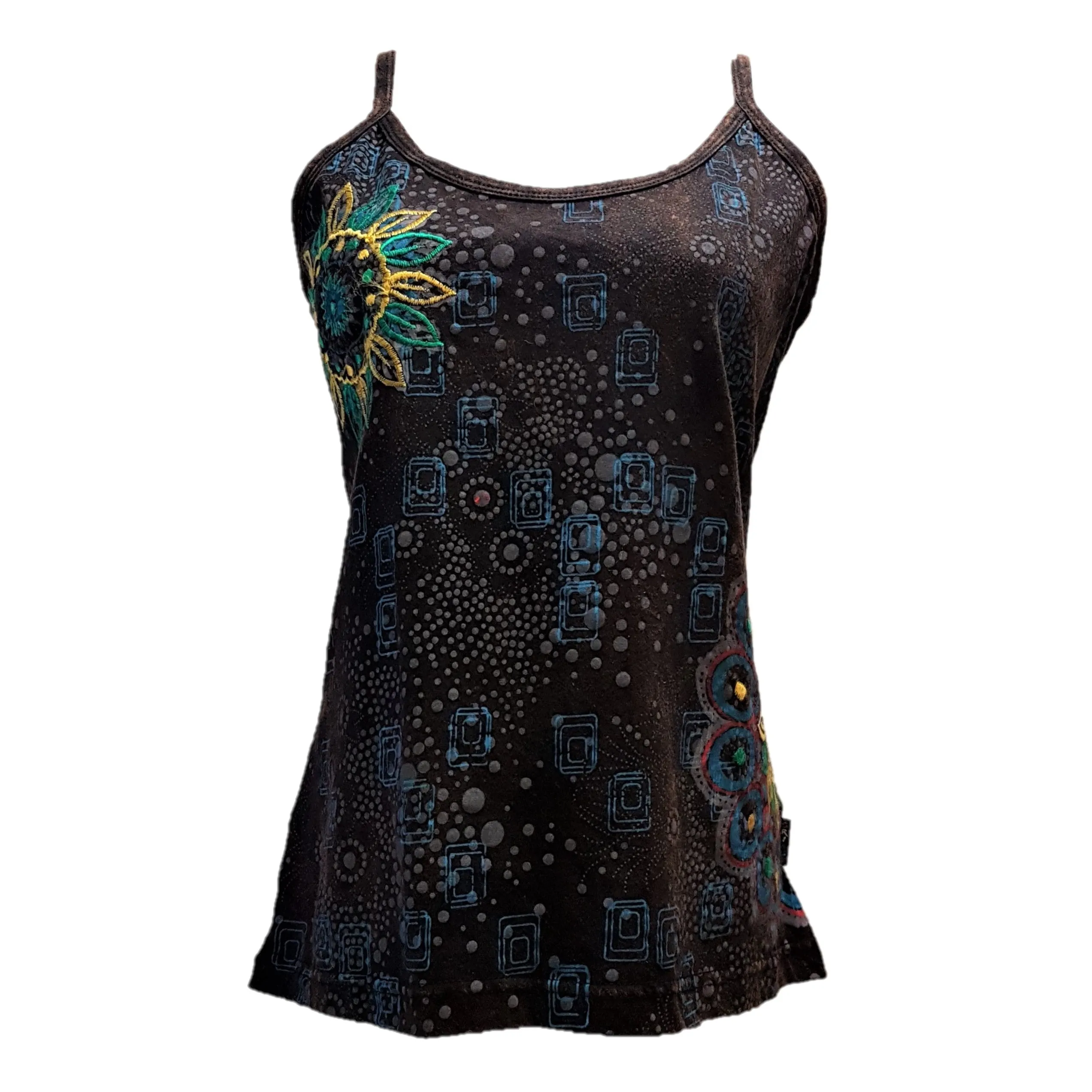 Brown Cotton Geometric Print Vest with Embroidered Flowers
