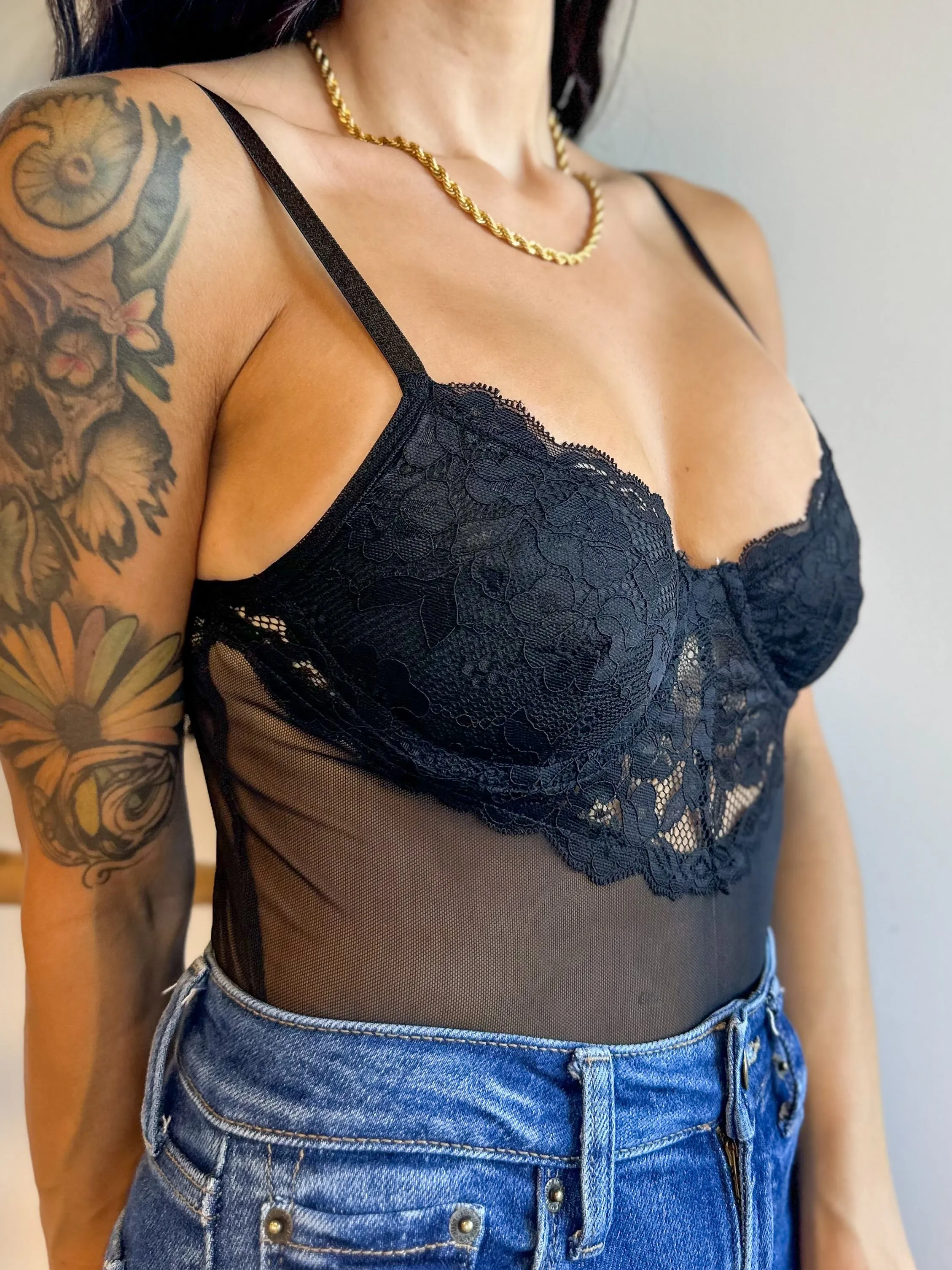 Contrast Mesh Lace Bodysuit