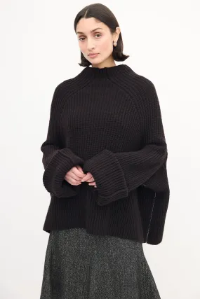 Dark Brown Wool Knit Mock Neck Sweater