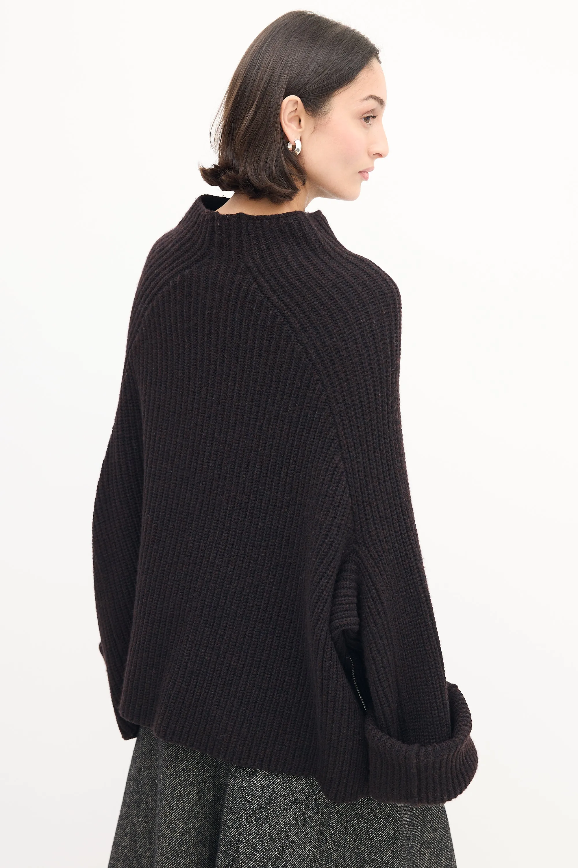 Dark Brown Wool Knit Mock Neck Sweater