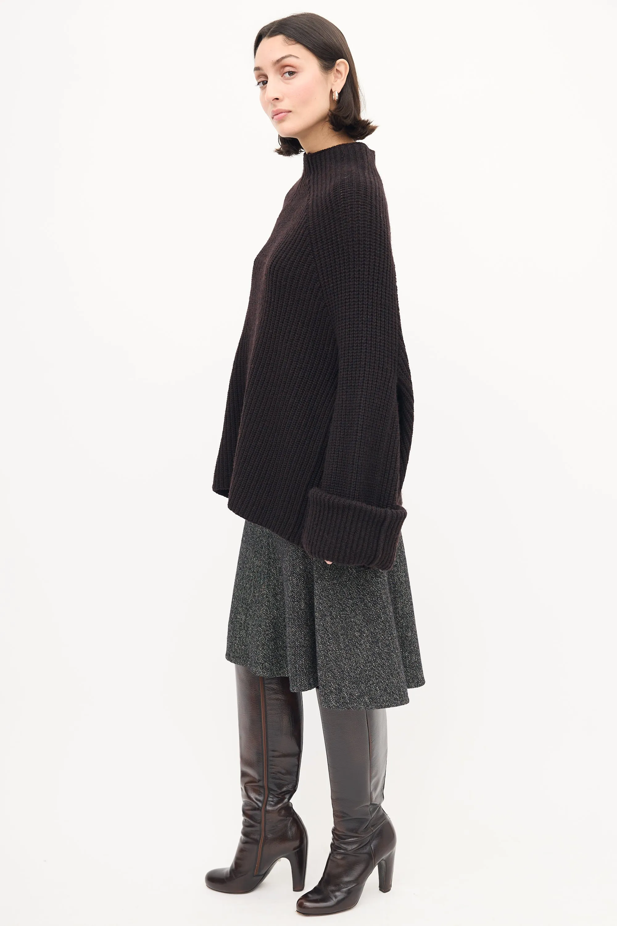 Dark Brown Wool Knit Mock Neck Sweater