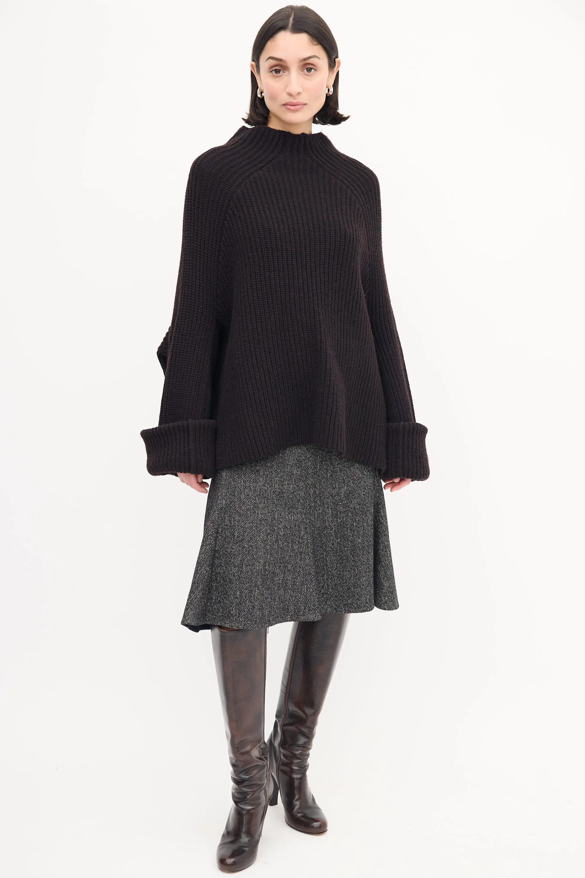 Dark Brown Wool Knit Mock Neck Sweater