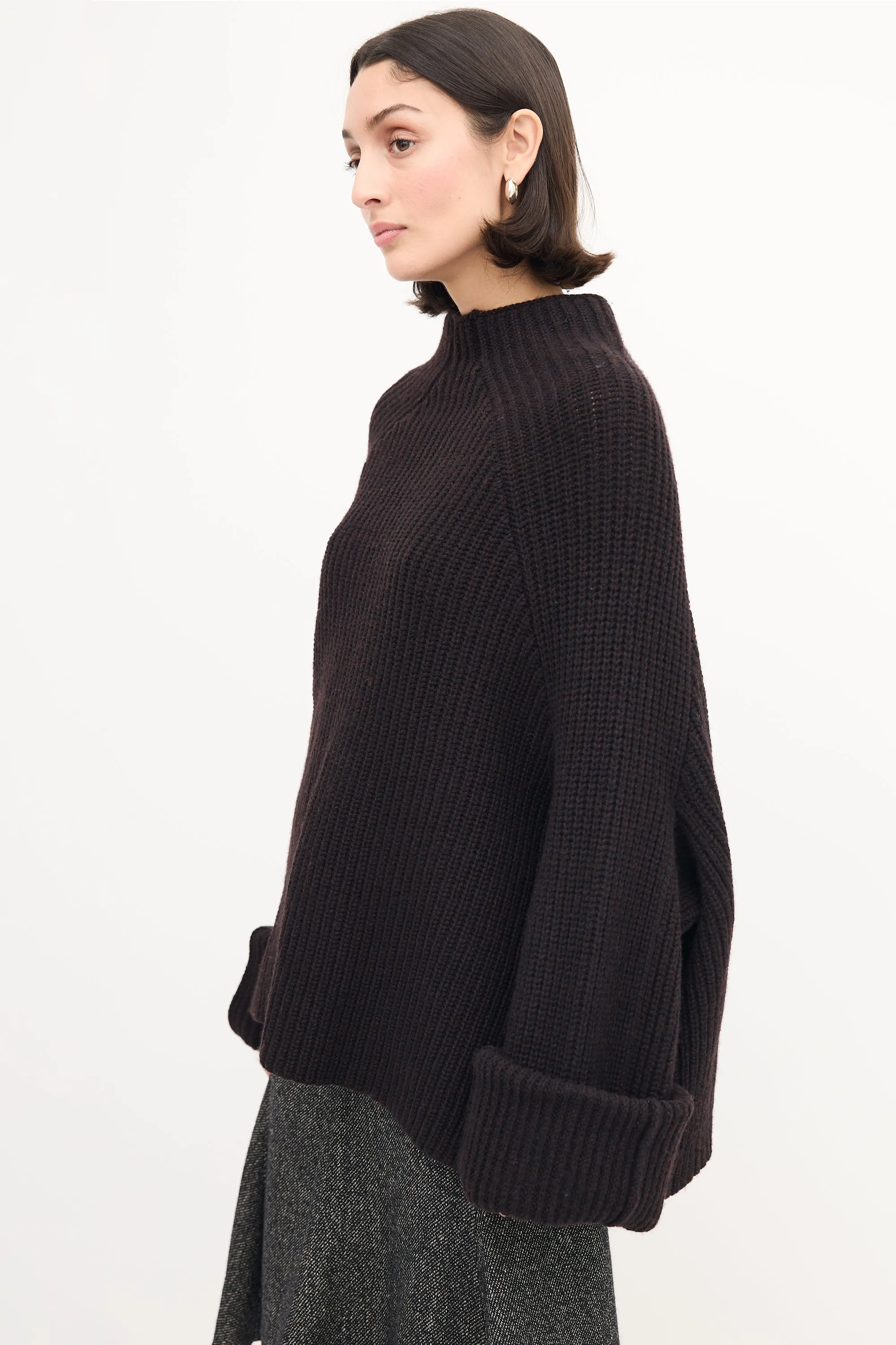 Dark Brown Wool Knit Mock Neck Sweater