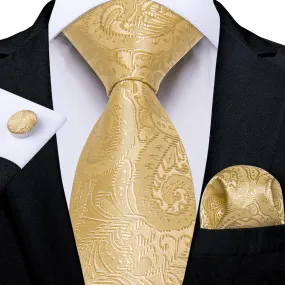 DiBanGu Dark Champagne Floral Silk Mens Tie Pocket Square Cufflinks Set