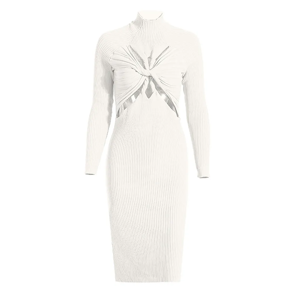 Edgy Twist Front CutOut High Neck Long Sleeve Rib Knit Midi Dress - Black