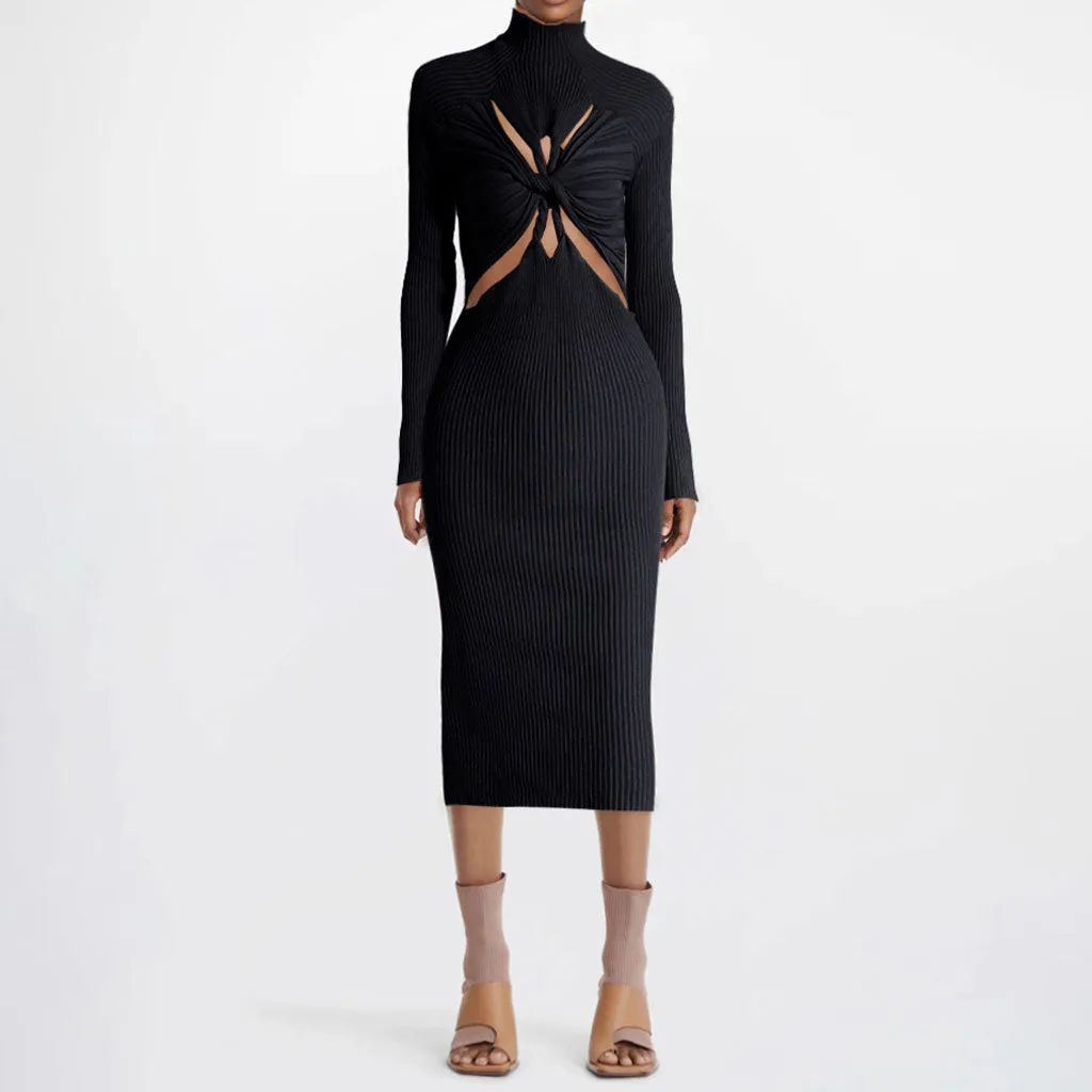 Edgy Twist Front CutOut High Neck Long Sleeve Rib Knit Midi Dress - Black
