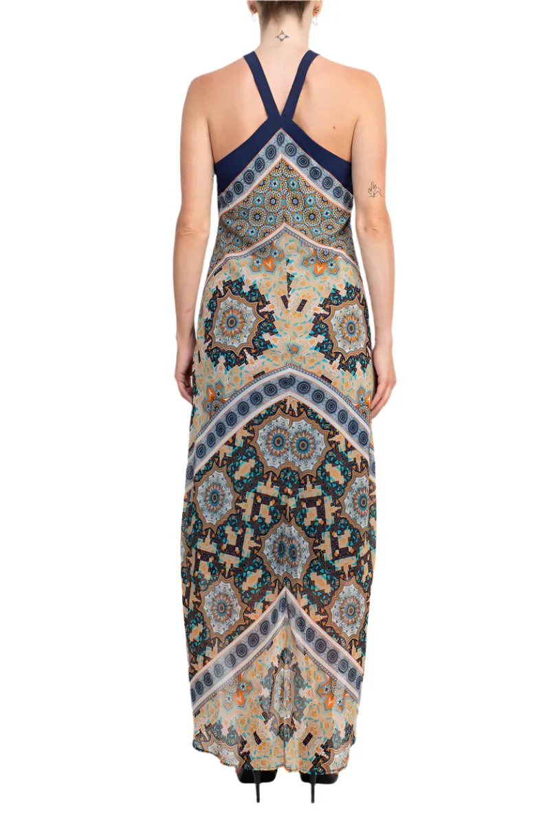 Emma & Michelle Crossed Neck Sleeveless Multi Print High Low Hem Chiffon Maxi Dress