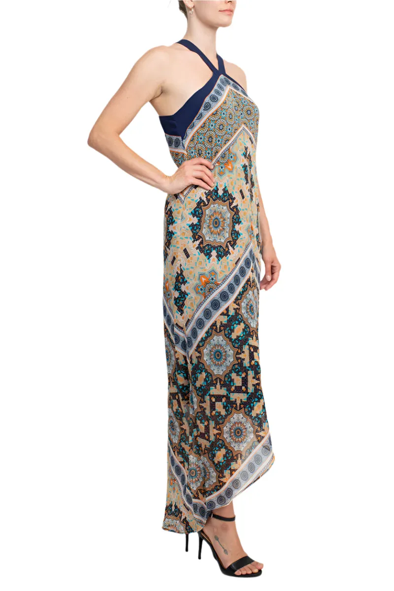 Emma & Michelle Crossed Neck Sleeveless Multi Print High Low Hem Chiffon Maxi Dress