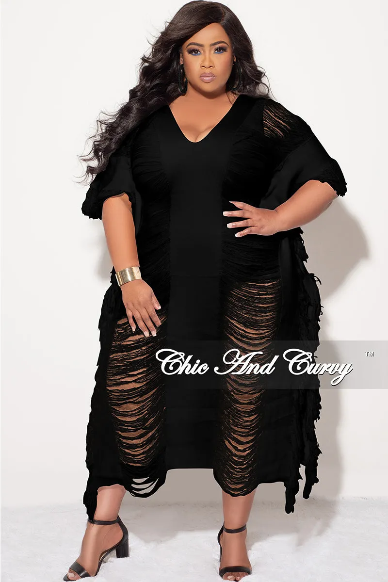 Final Sale Plus Size Distressed Sweater Midi Fringe Dress in Black
