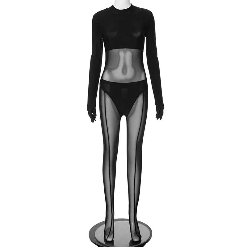 Gloves long sleeve mesh patchwork solid zip-up jumpsuit
