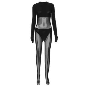 Gloves long sleeve mesh patchwork solid zip-up jumpsuit