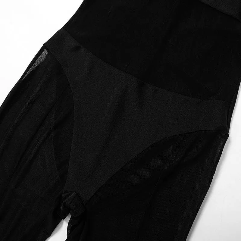 Gloves long sleeve mesh patchwork solid zip-up jumpsuit