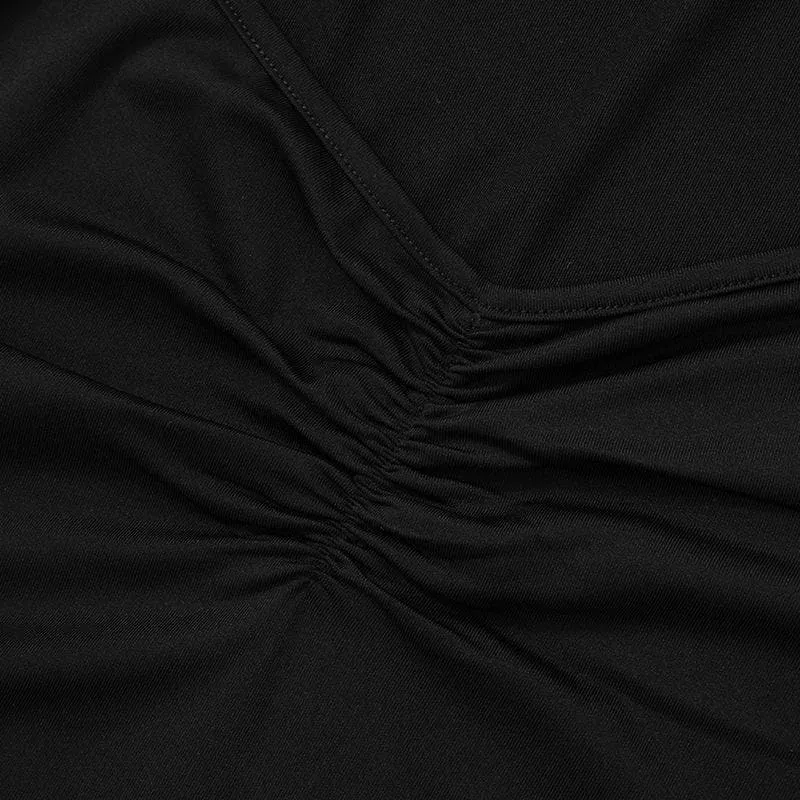 Gloves mesh long sleeve ruched v neck solid top