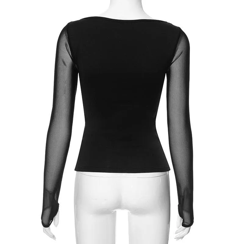 Gloves mesh long sleeve ruched v neck solid top