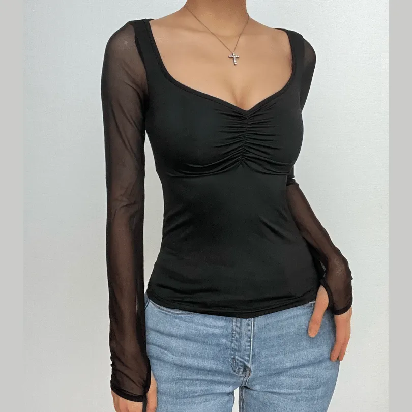 Gloves mesh long sleeve ruched v neck solid top