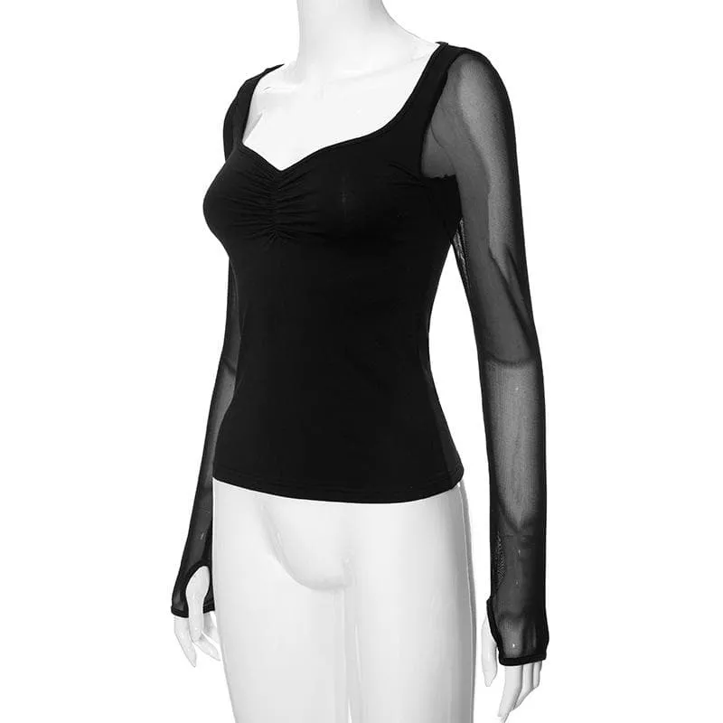 Gloves mesh long sleeve ruched v neck solid top