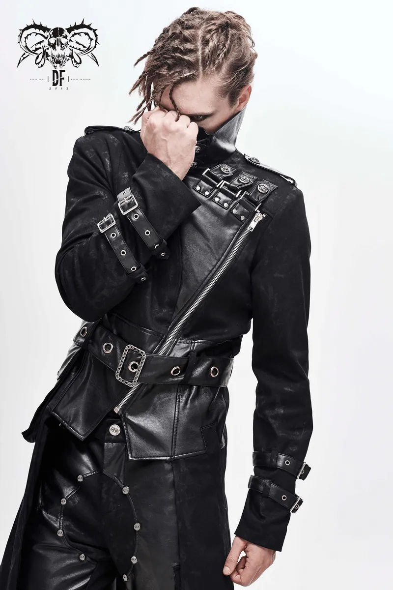 Gothic Punk Long Trench Coat With Pocket / Men's Assymetrical Coat With Zipper and Buckles