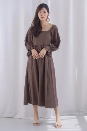 Karlina Puffy Sleeve Square Neckline Midi Dress In Brown
