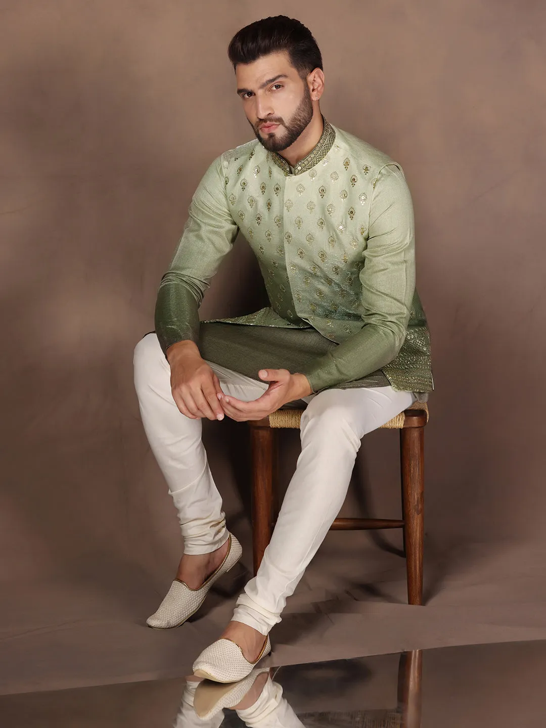 Men Green Ombre Embroidery Jacket (Set of 1)