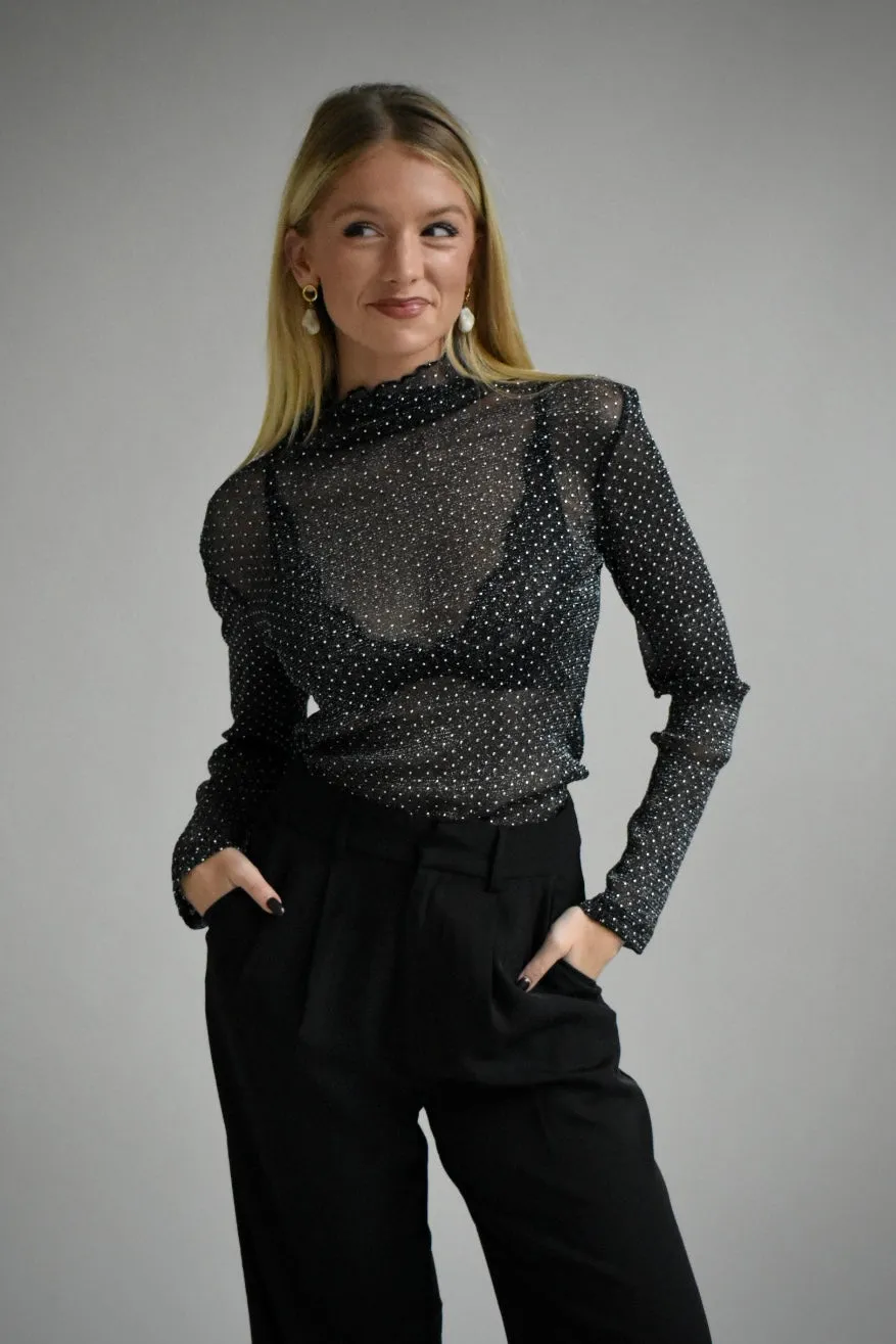Mesh top met parel details - Zwart