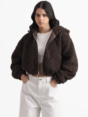 Nuon Dark Brown Fur Crop Hoodie Jacket