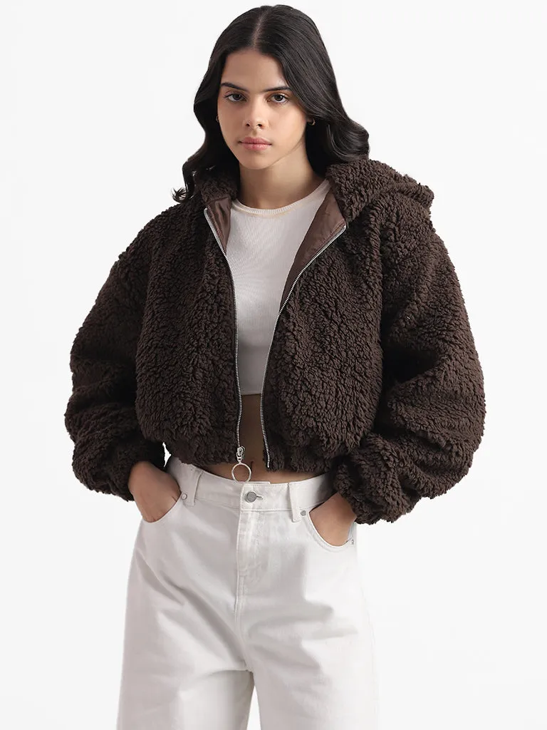 Nuon Dark Brown Fur Crop Hoodie Jacket