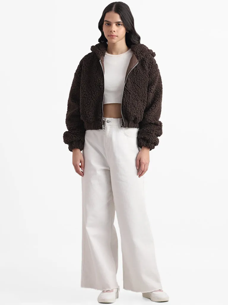 Nuon Dark Brown Fur Crop Hoodie Jacket