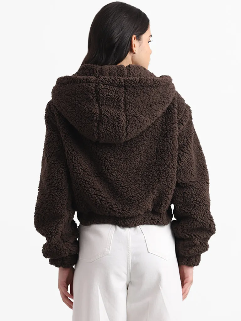 Nuon Dark Brown Fur Crop Hoodie Jacket