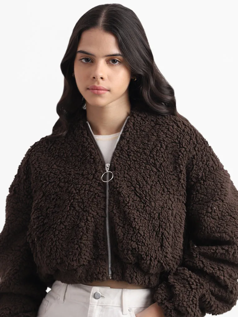 Nuon Dark Brown Fur Crop Hoodie Jacket