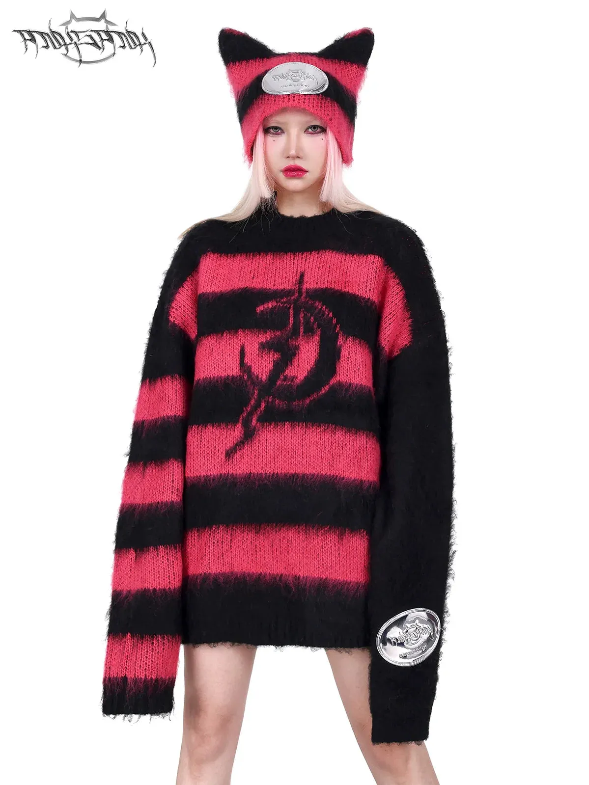 PINKSPINK Punk Cat Ear Beanie - Pink/Black Stripe