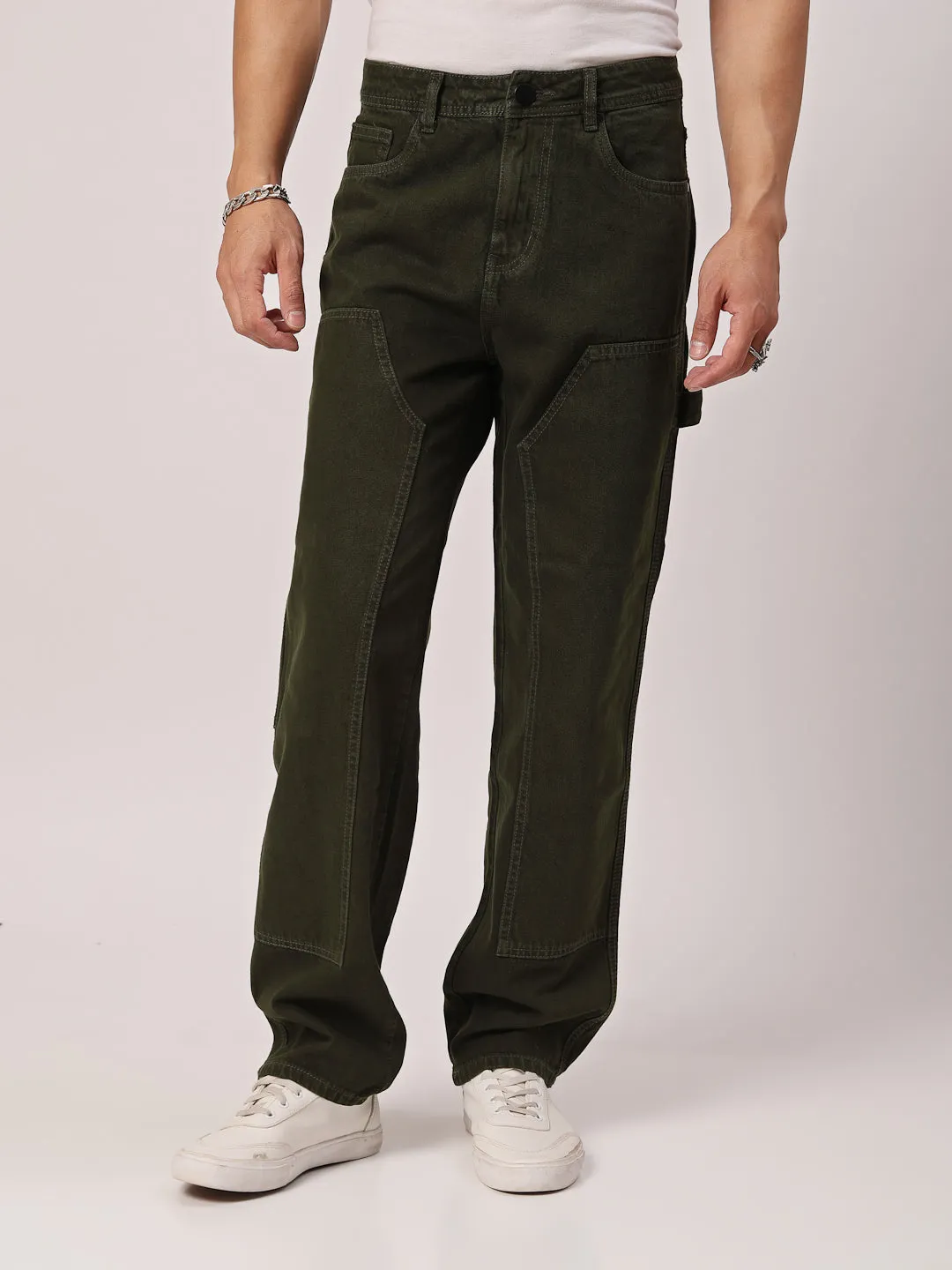 Style Quotient Men Olive Relaxed Fit Mid Rise Carpenter Jeans